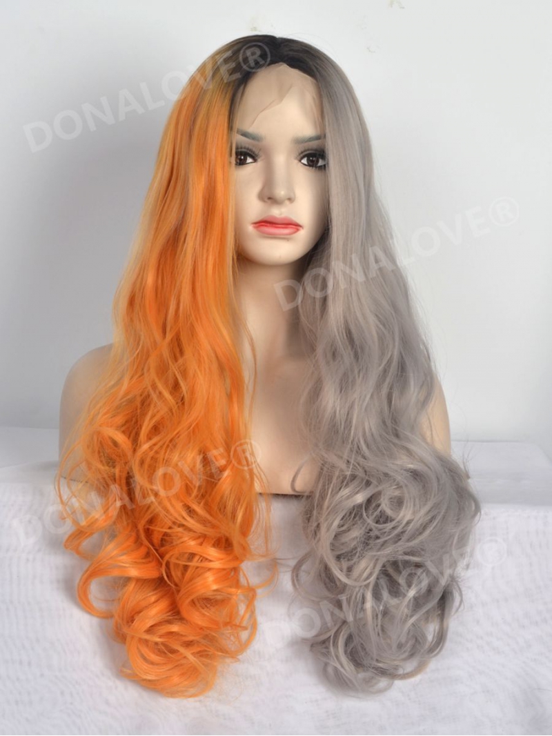 Half Orange Half Gray Wavy Lace Front Synthetic Wig SNY107 ...