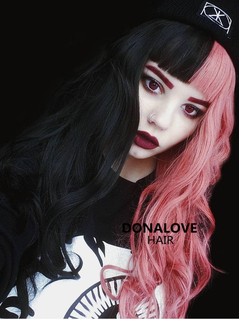 half-pink-half-black-rainbow-wavy-synthetic-lace-front-wig-sny088