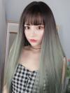 New Chocolate Brown Ombre Matcha Gray Long Straight Capless Synthetic Wig LG021