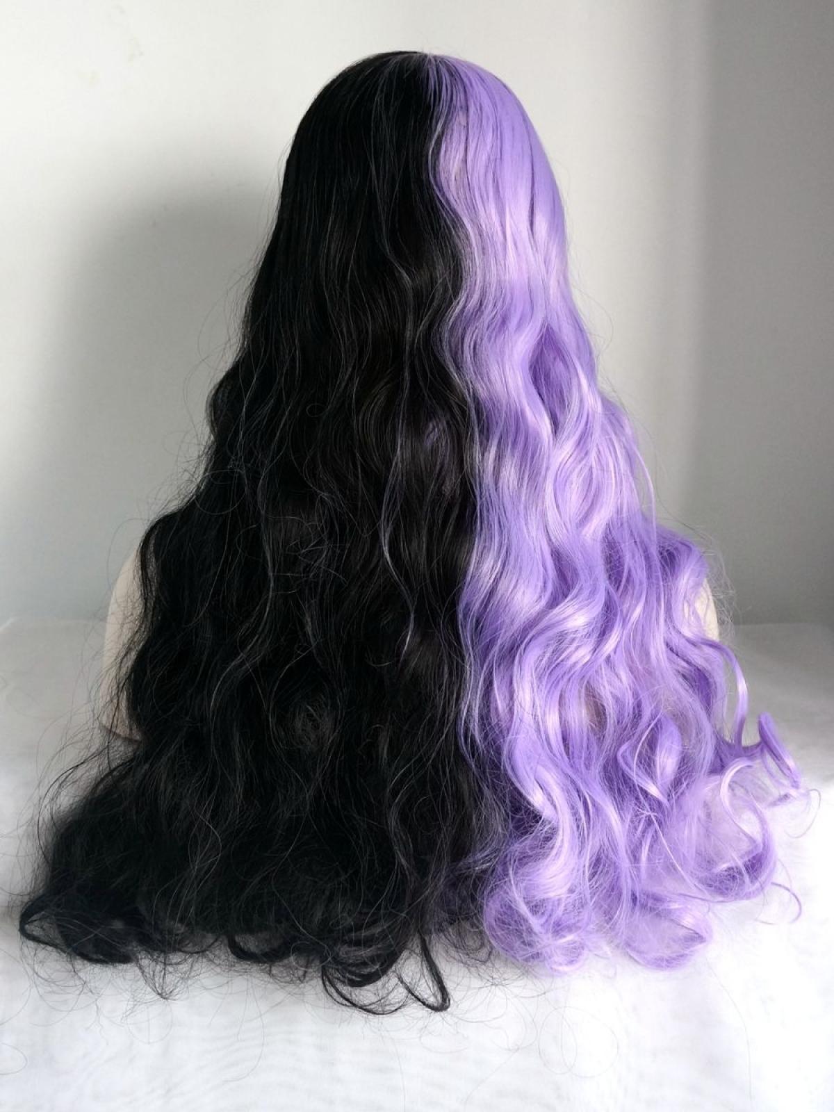Half Purple and Half Black With Bangs Wavy Synthetic Wefted Cap Wig