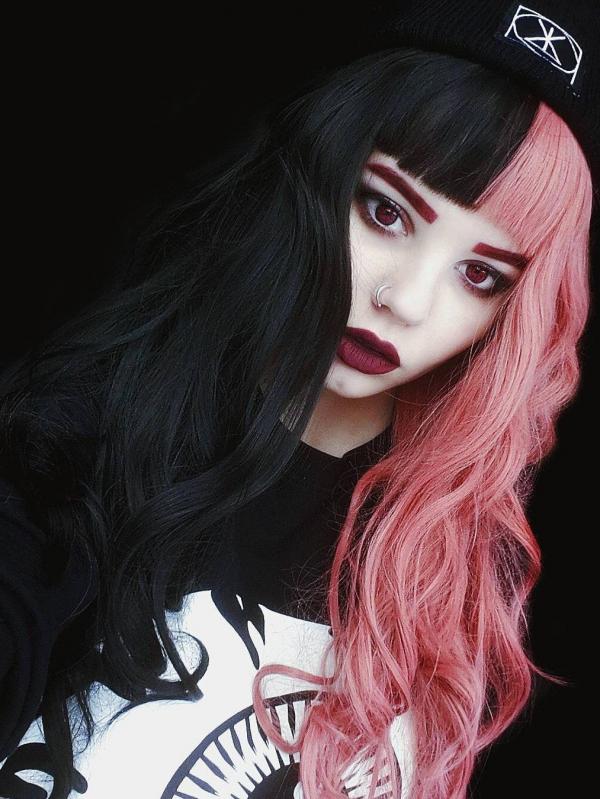 Half Pink half black rainbow Wavy Synthetic Lace Front Wig SNY088.