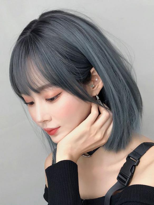 GRAY BLUE SHORT BOB SYNTHETIC WEFTED CAP WIG LG769