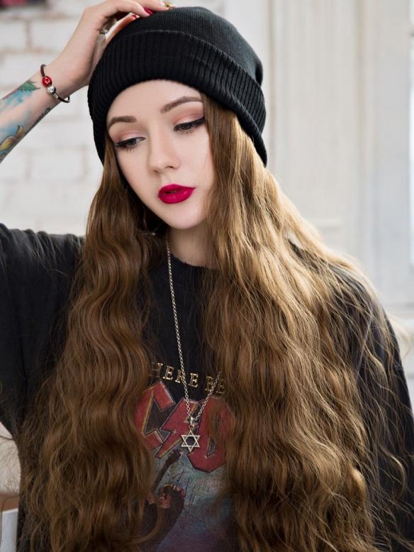 #WIGWITHHAT Black Beanie Hat WITH BROWN SYNTHETIC HAIR, HAT WIG WB011