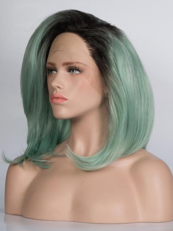 Black ombre Light Green Straight Bob Lace Front Synthetic Wig-DQ027