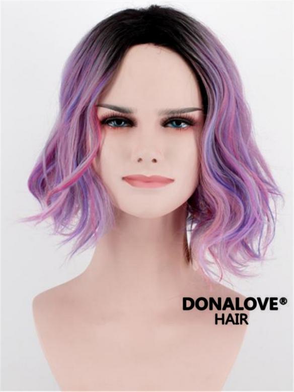 New arrive Black to Lavender Purple Mixed Pink Wavy Lob Synthetic Wefted Cap Wig WW005