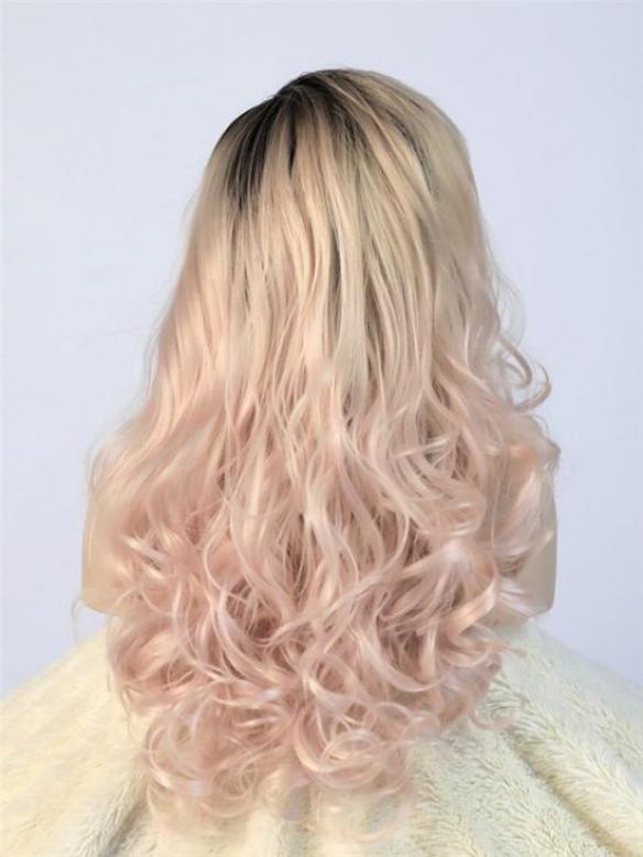 Black to Pink Bouncy wavy Long Lace Front Synthetic Wig-DQ028