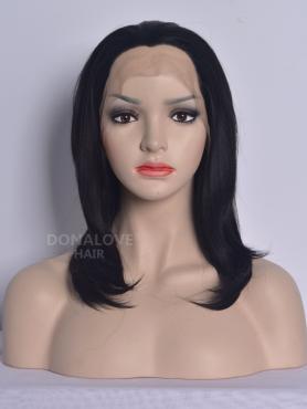 Jet Black Semi-long Straight Synthetic Lace Wig-SNY074