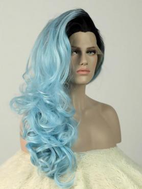 Black to Light Blue Wavy Long Lace Front Synthetic Wig-DQ029