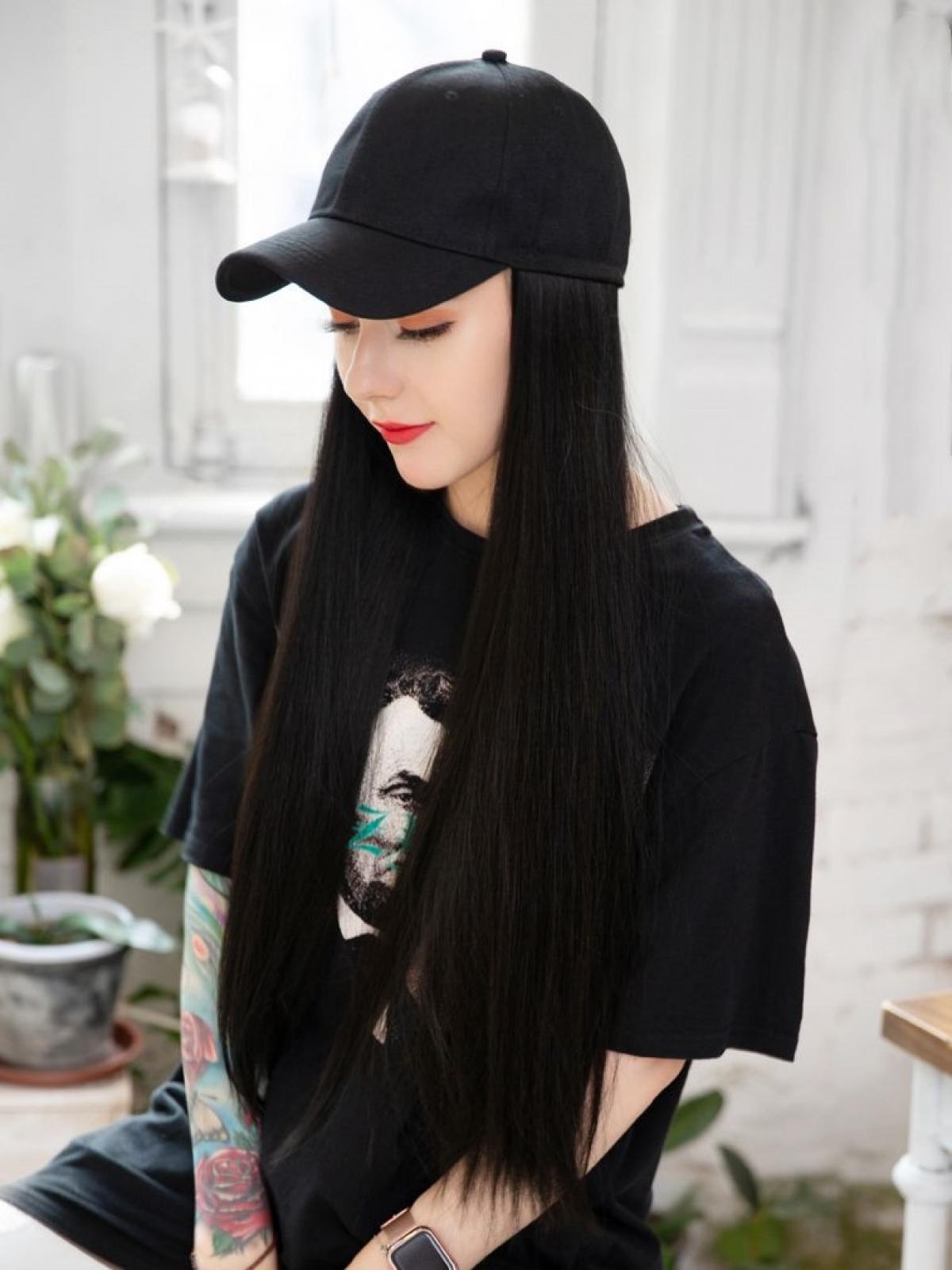 Baseball Hat With Synthetic Hair Black Straight Wig Wig Hat