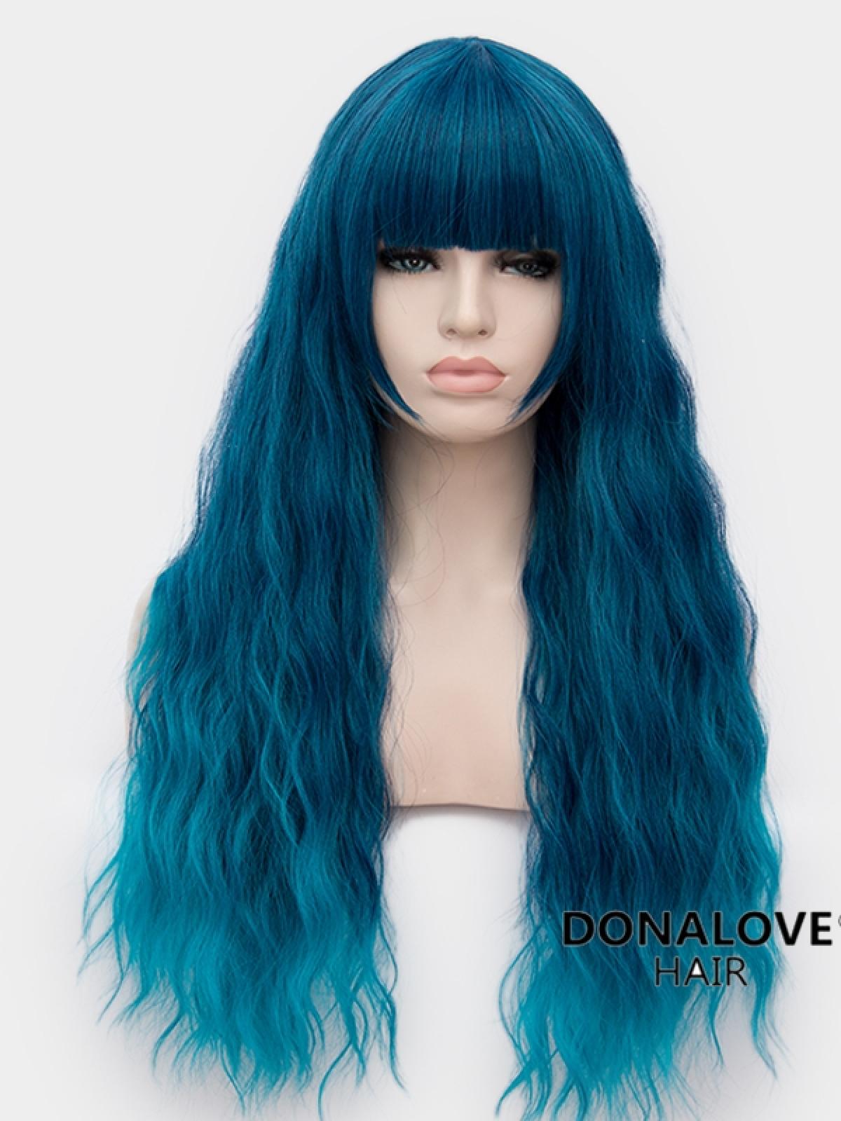 Teal Blue Long Wavy Synthetic Wefted Cap Wig Ww006 Synthetic