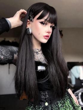 New Black Synthetic Wefted Cap Wig With Full Bangs LG009