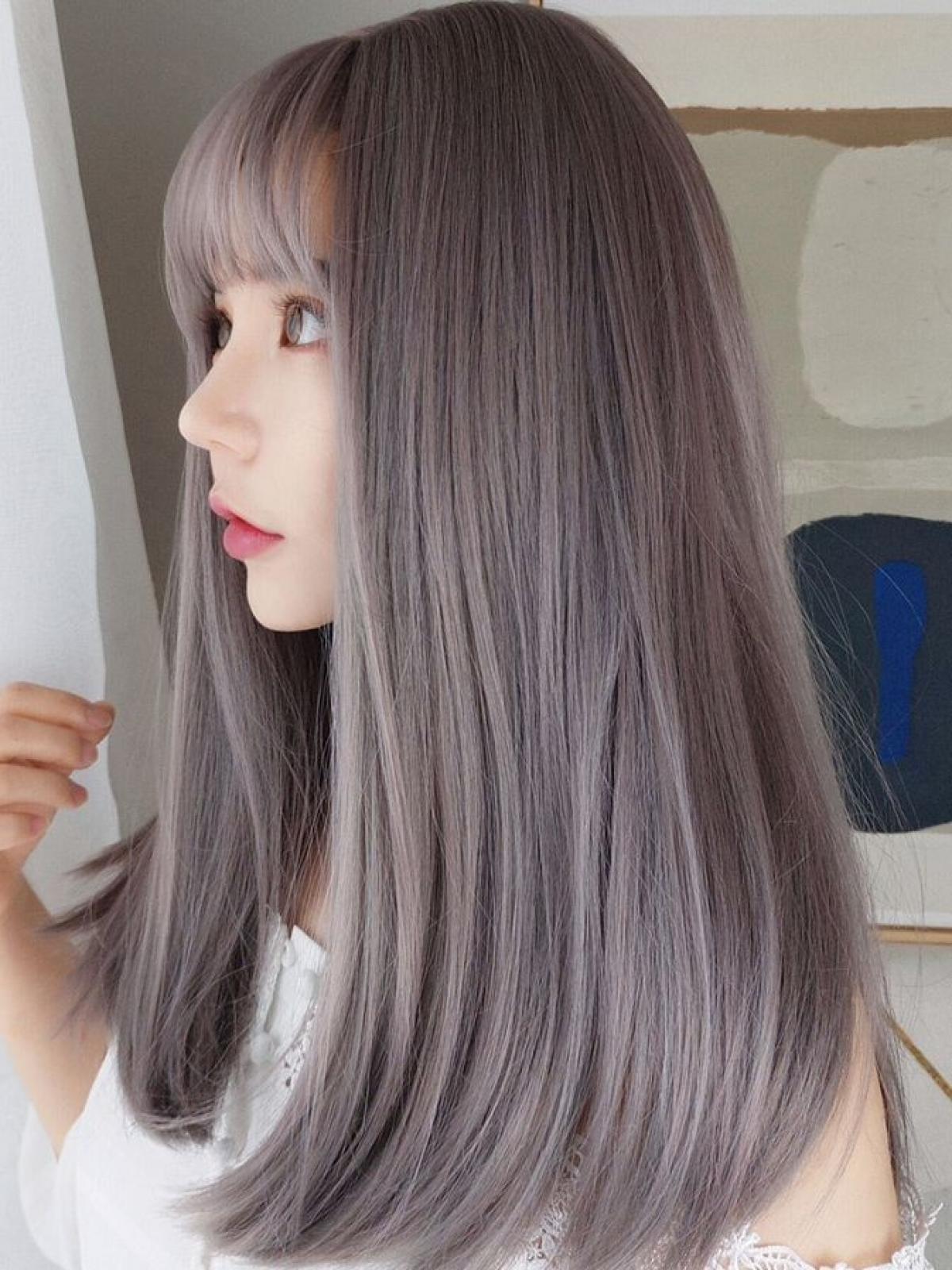 New Gray Pink Straight Synthetic Wefted Cap Wig With Bangs