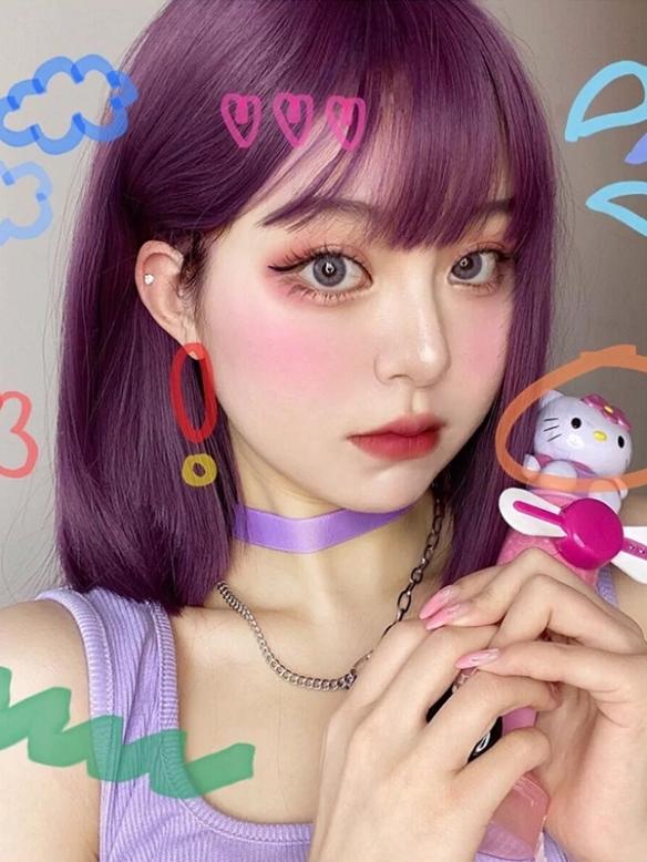 Purple Shoulder Length Straight Synthetic Wefted Cap Wig LG328