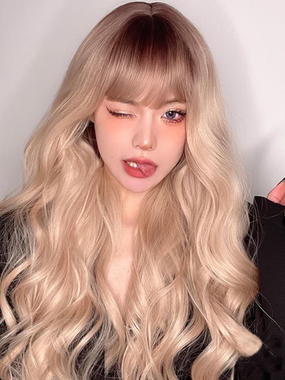 BROWN TO BLONDE LONG WAVY SYNTHETIC WEFTED CAP WIG LG497 - SYNTHETIC ...