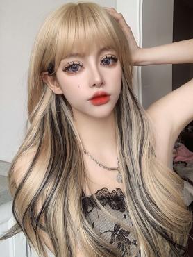Cream Blonde Highlight Black Long Wavy Synthetic Wefted Cap Wig LG567