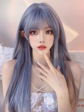 Dusty Blue Long Straight Synthetic Wefted Cap Wig LG725