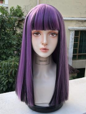 Purple Mix Black Straight Wefted Synthetic Wig with Bangs LG936