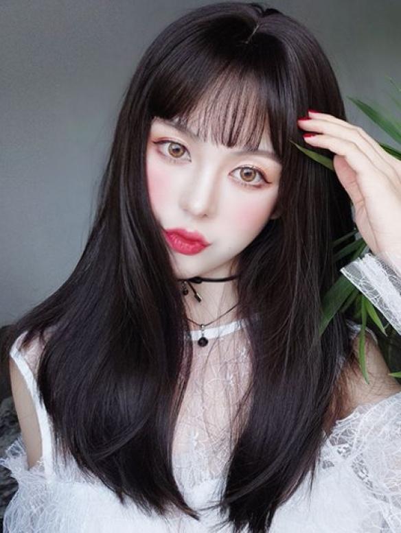 2019 New Black Synthetic Wefted Cap Wig With Full Bangs LG009