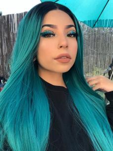 Black to Green Waist Length Straight Synthetic Lace Front Wig-SNY013