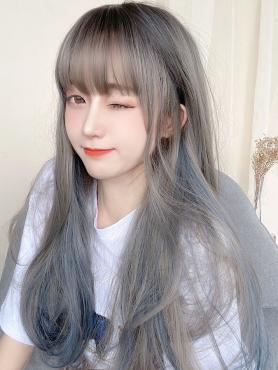 Ash Grey Highlight Blue Long Wavy Synthetic Wefted Cap Wig LG604
