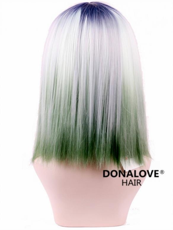 Blonde to Lake Blue shoulder length Straight Synthetic Wefted Cap Wig WW002