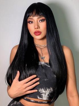 Black LONG straight wefted SYNTHETIC WIG with bangs LG919