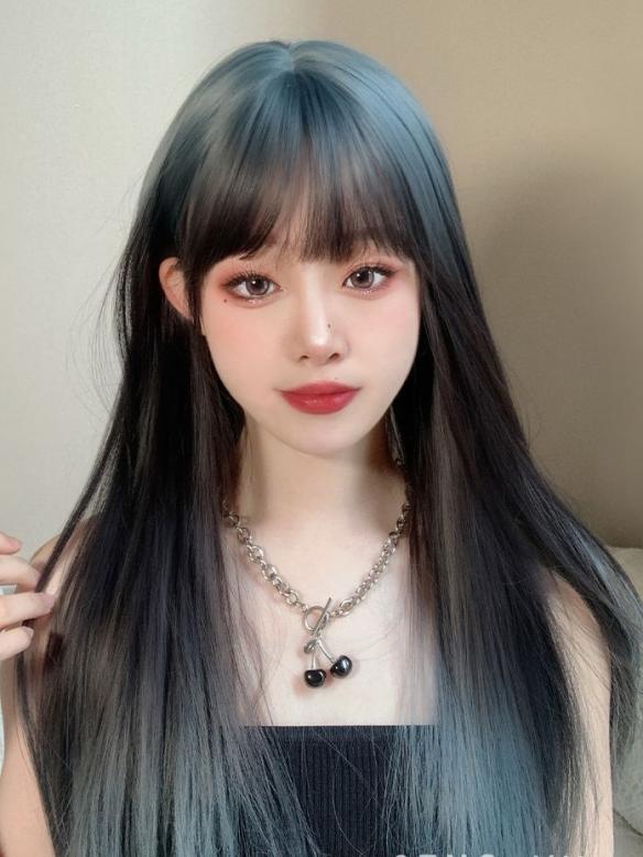 BLACK BLUE GRADIENT STRAIGHT SYNTHETIC WEFTED CAP WIG LG786