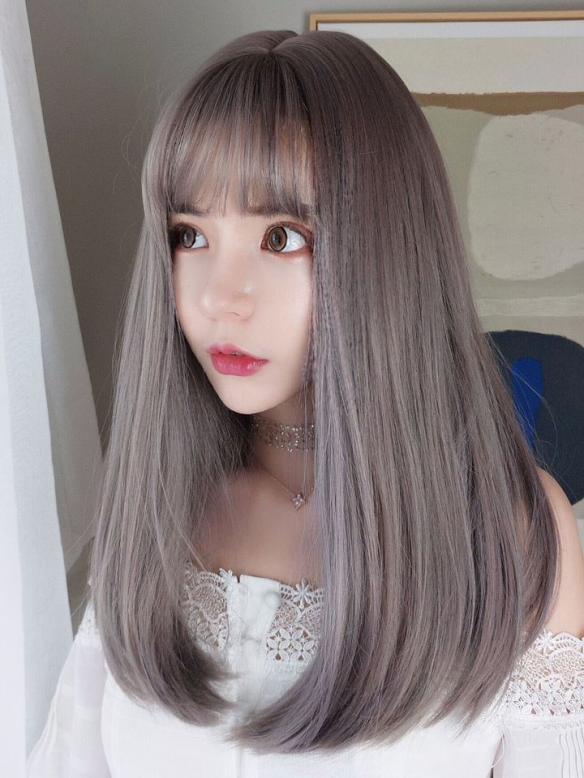 2019 New Gray Pink Straight Synthetic Wefted Cap Wig with Bangs LG006