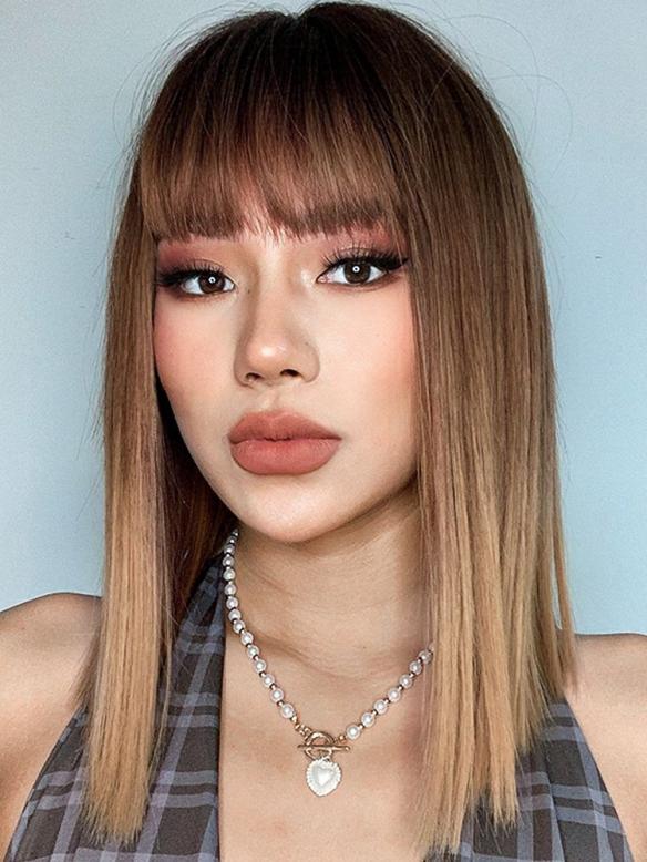 Ombre Brown Golden Short Straight Bobo Synthetic Wigs with Bangs LG912