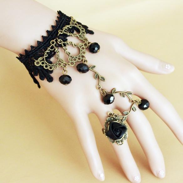 Vintage Black Crystal Rose Lace Lolita Bracelet LA003