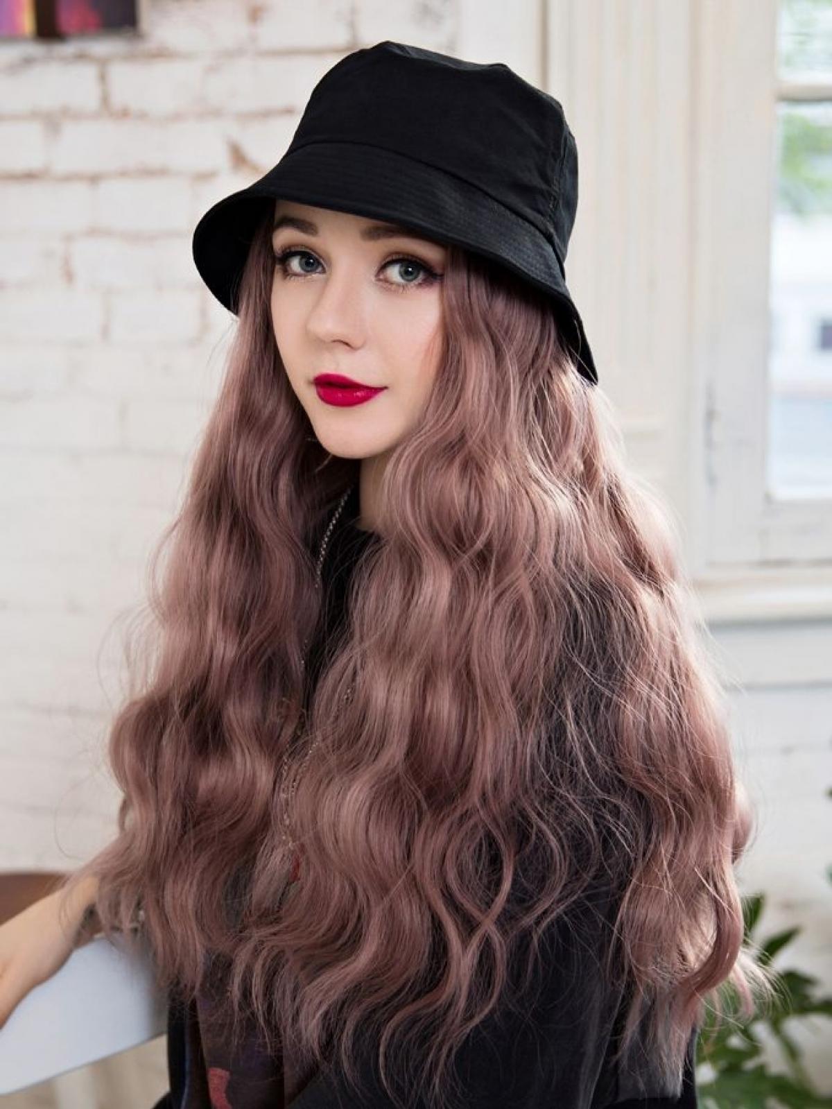 Black Bucket Hat With Synthetic Hair, wig hat WB004 SYNTHETIC WIGS