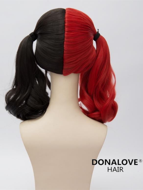 Half red half black Shoulder length Wavy Synthetic Wefted Cap Wig WW004