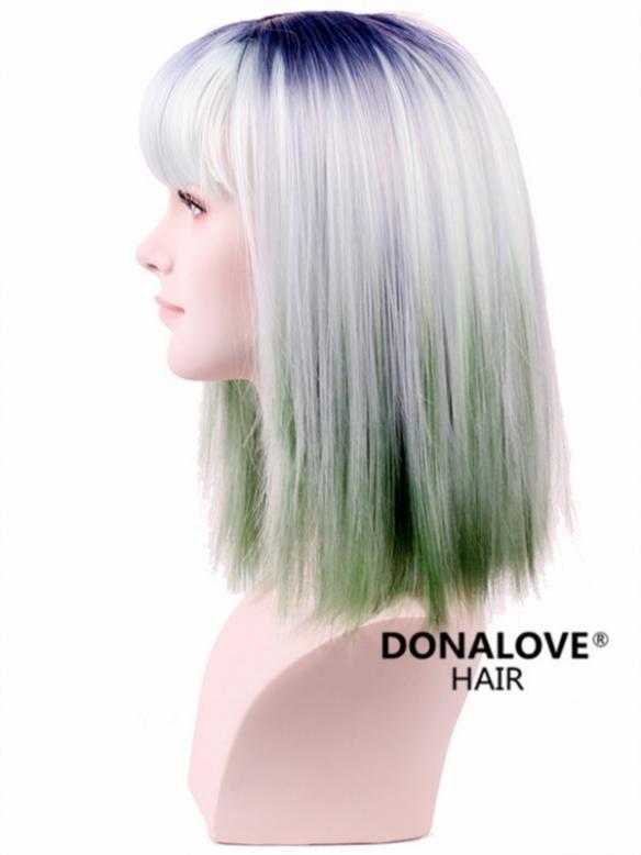 Blonde to Lake Blue shoulder length Straight Synthetic Wefted Cap Wig WW002
