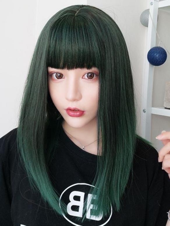 2019 New Forest Green Straight Synthetic Wefted Cap Wig with Bangs LG005