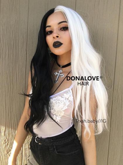 Half Black Half White Wavy Synthetic Lace Front Wig SNY093 - SYNTHETIC WIGS  - DonaLoveHair