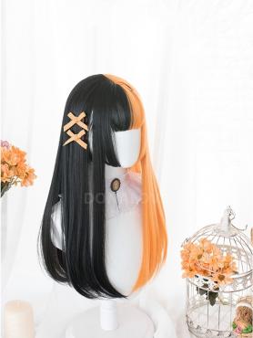 Half Black and Half Orange Long Straight Synthetic Wefted Cap Lolita Wig LG543