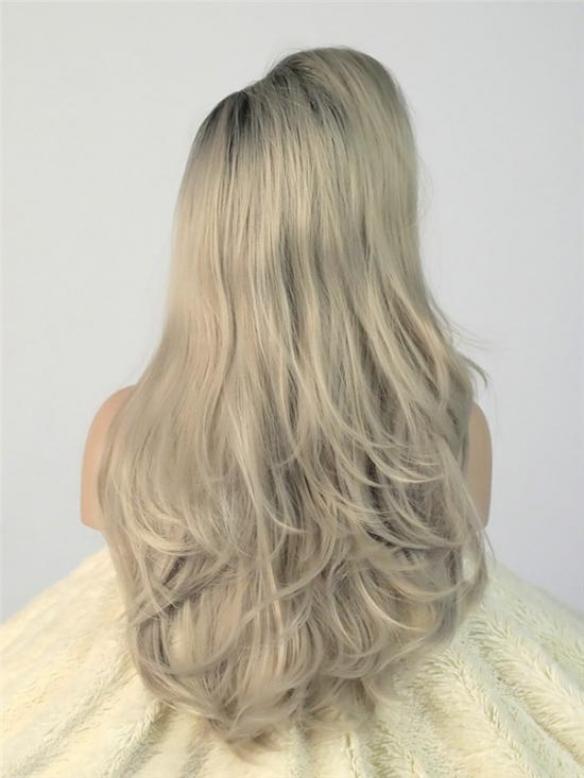 Black to Grey Ombre Wavy Waist-length Lace Front Synthetic Wig-DQ011