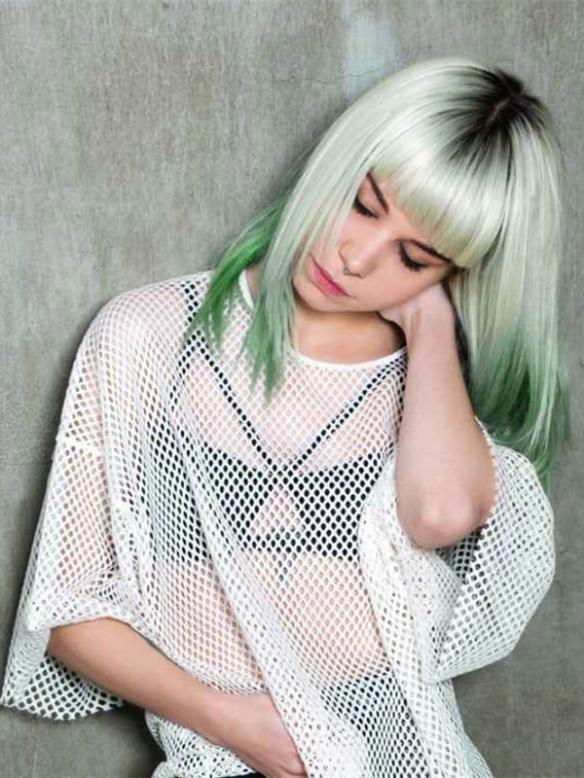 Blonde to Lake Blue shoulder length Straight Synthetic Wefted Cap Wig WW002