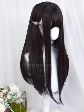 Natural Black Hime Cut Long Straight Synthetic Wefted Cap Wig LG621