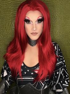 Hot Red Straight Waist-length Lace Front Synthetic Wig-DQ017