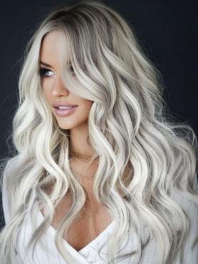 White Blonde Long Wavy Human Hair Lace Wig HH215