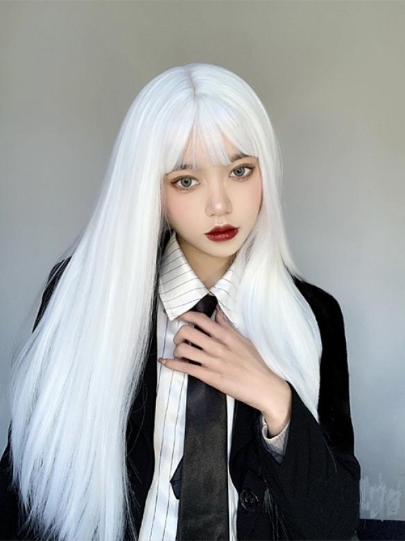 WHITE LONG STRAIGHT SYNTHETIC WEFTED CAP WIG LG234