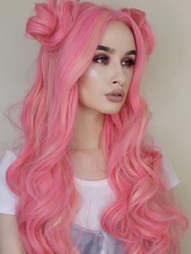 Pink mid back length Wavy Synthetic Lace Wig-SNY023