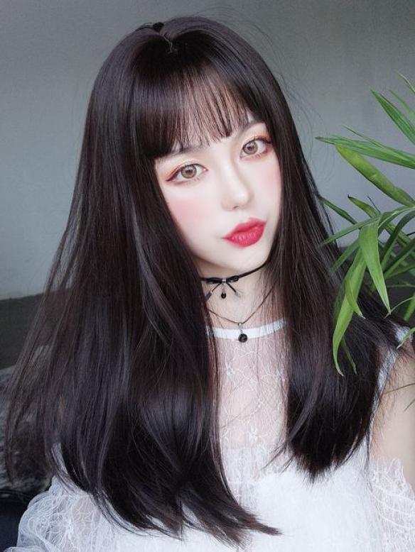 2019 New Black Synthetic Wefted Cap Wig With Full Bangs LG009