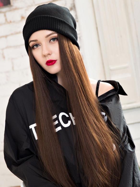BLACK BEANIE HAT WITH BROWN STRAIGHT SYNTHETIC HAIR, WIG HAT WB016