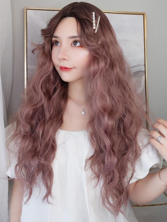 2019 New Powder Brown Long Wavy Wefted Synthetic Wig LG032