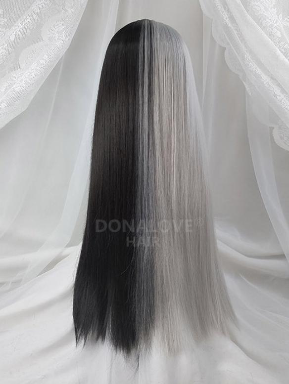 HALF BLACK AND HALF GREY LONG STRAIGHT SYNTHETIC WEFTED CAP WIG LG210
