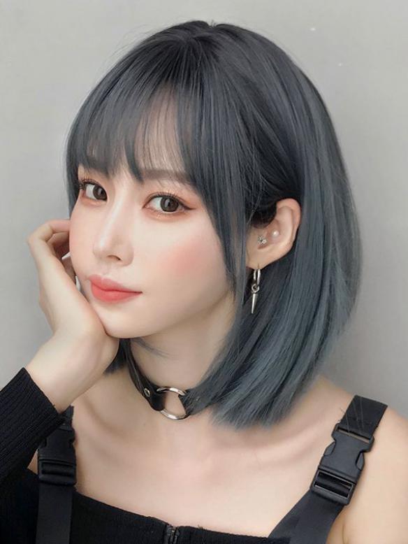GRAY BLUE SHORT BOB SYNTHETIC WEFTED CAP WIG LG769