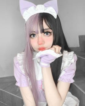 HALF BLACK&HALF PURPLE LONG STRAIGHT SYNTHETIC WEFTED CAP WIG LG453