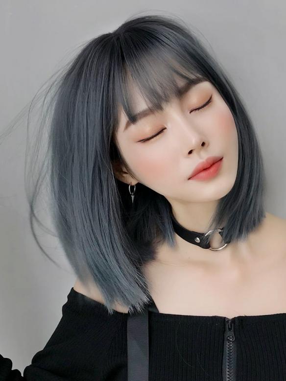 GRAY BLUE SHORT BOB SYNTHETIC WEFTED CAP WIG LG769